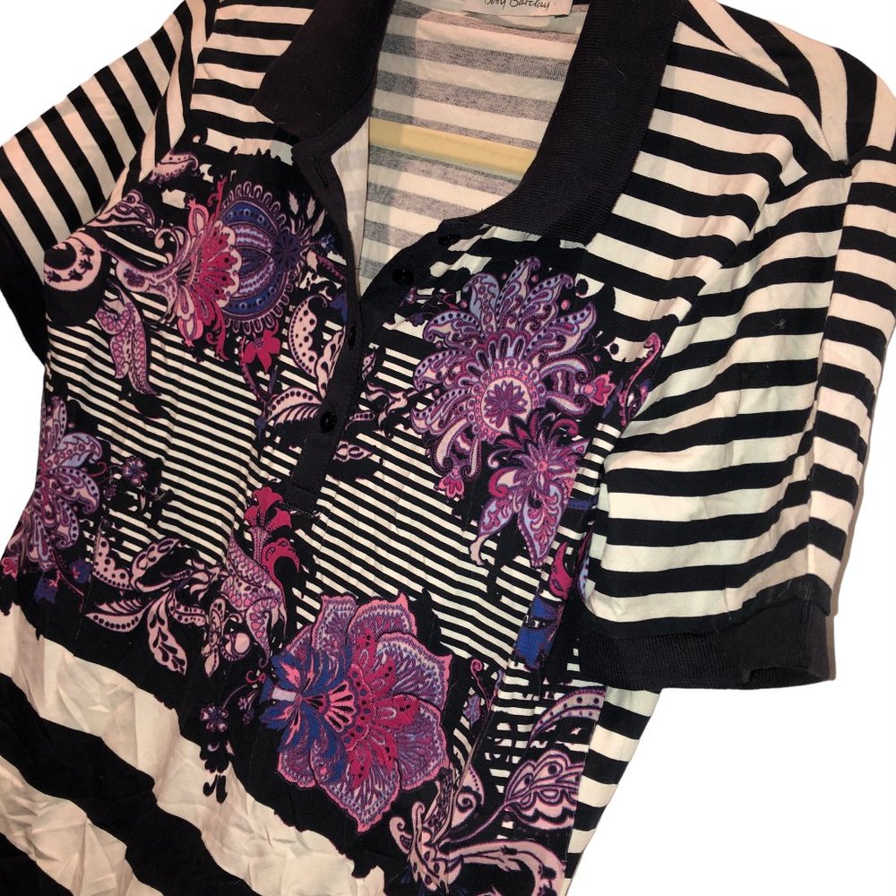 Awesome Betty Barclay black white French Breton Nautical Stripe Flowers polo